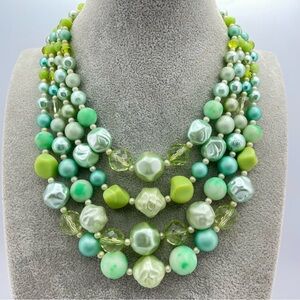 Stunning Vintage Japan 4 Strand Mint Green Beaded Necklace 1950s Costume
